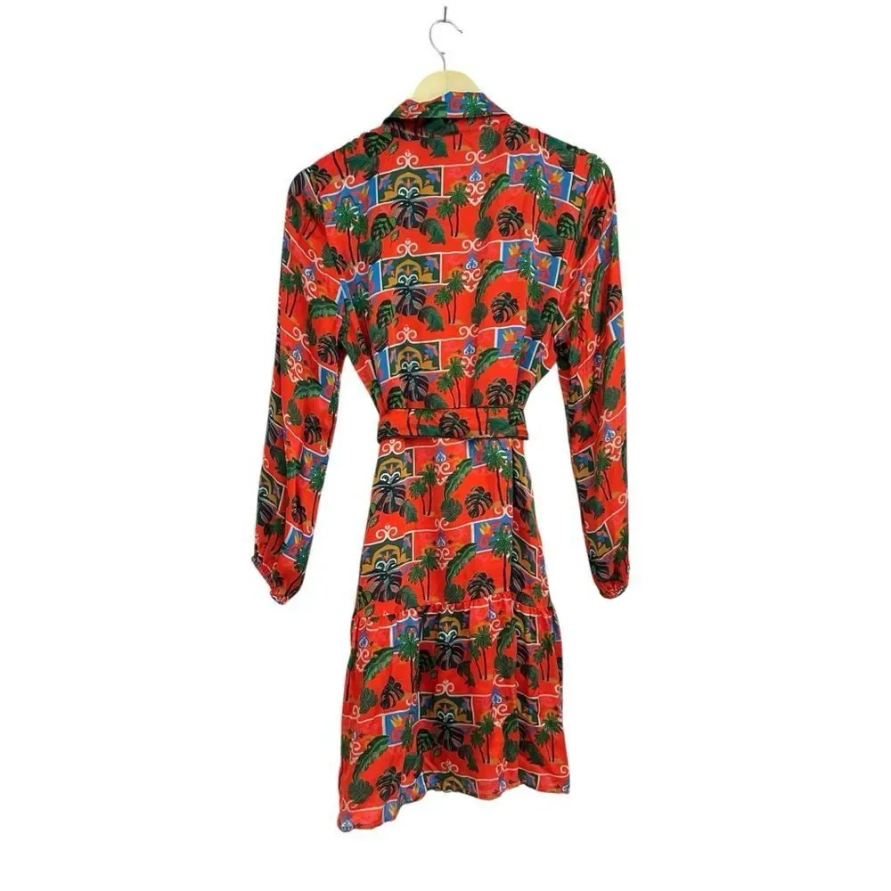 Emily Lovelock Alice Silk Red Print Button Down Dress, Size‎ Medium